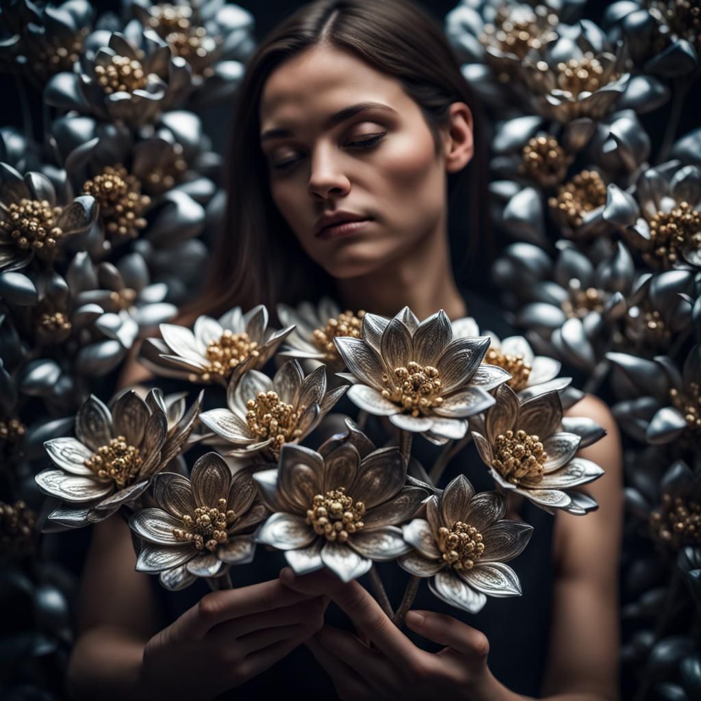 Woman Holding Shiny Metallic Flowers in HDR