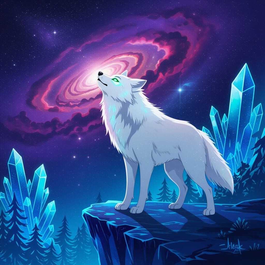 Ethereal White Wolf Howling at Nebula in Cosmic Fantasy Styl...