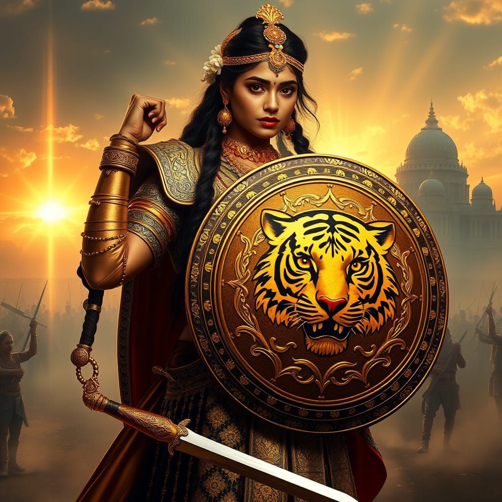Regal Indian Warrior Queen in Opulent Armor and Saree-Inspir...