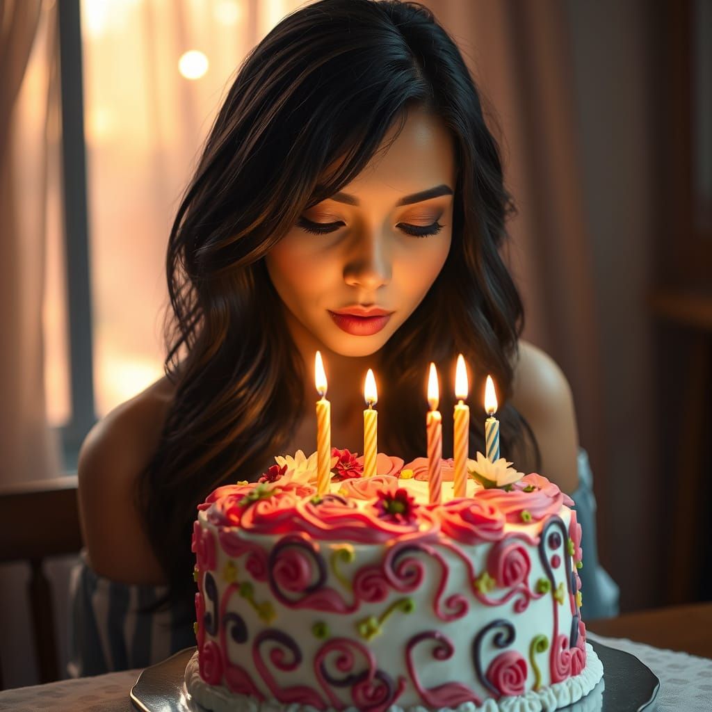 Beautiful Woman Blows Out Candles on Whimsical Birthday Cake