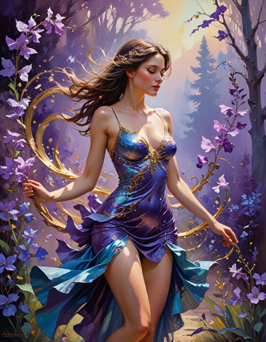 Luminous Fairy Emerges from Violet-Blue Bellflower in Impast...