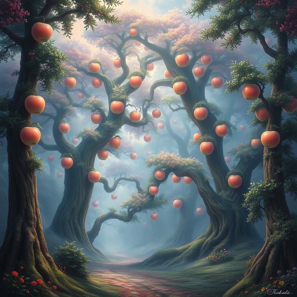 Whimsical Fantasy Forest with Enchanted Trees and Glowing Ap...