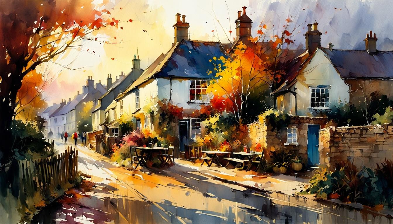 Watercolor Sunset Over Idyllic English Village