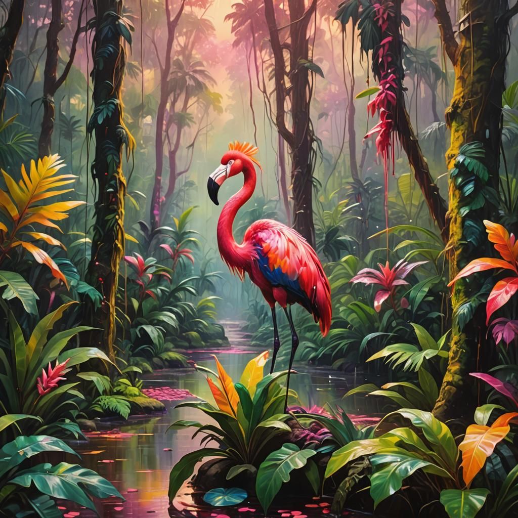 Flamingo in Tropical Forest, Oil Painting