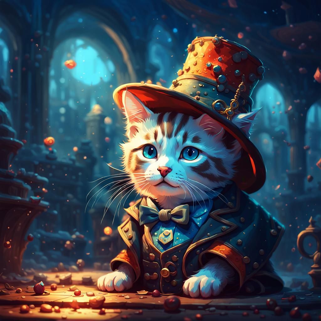 Kitten Portrait in Top-Hat: Hyperdetailed Digital Illustrati...