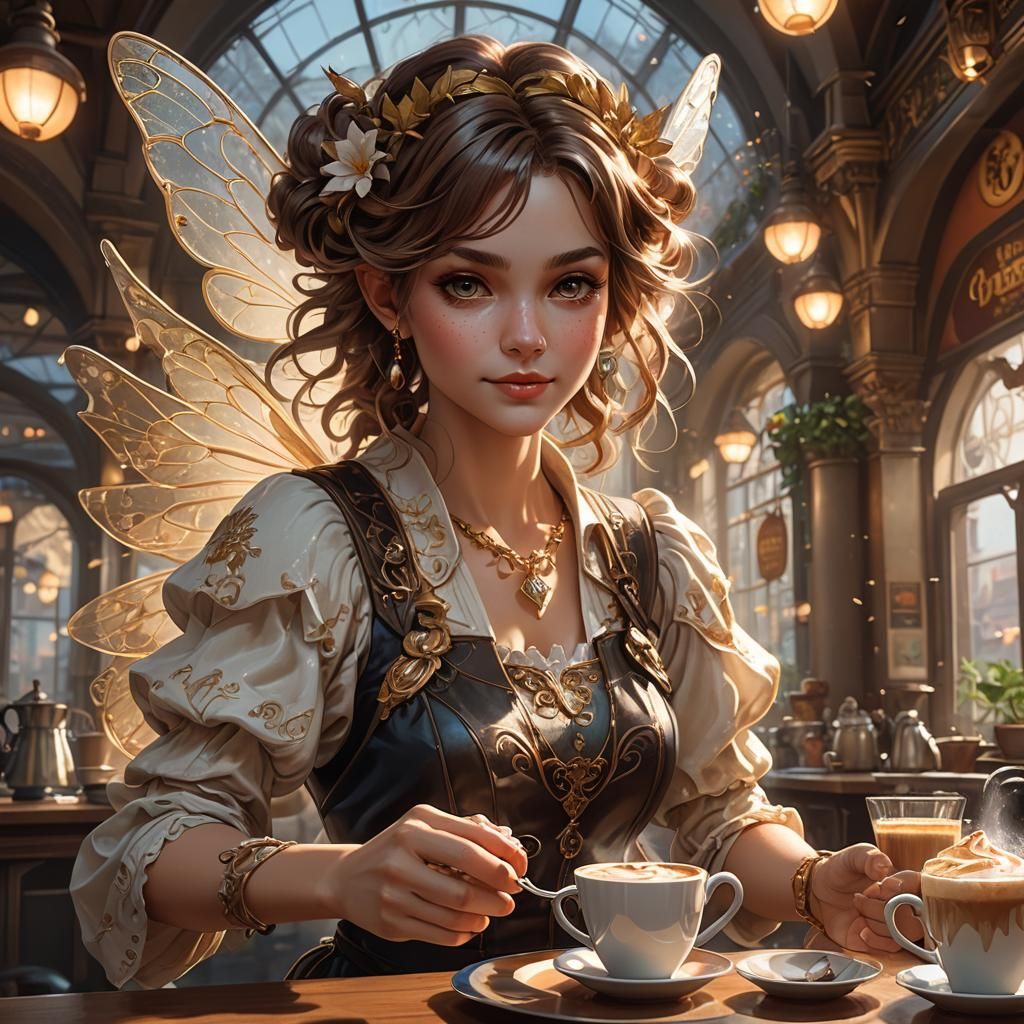 Cappuccino Fairy at Dawn: Hyperdetailed Concept Art