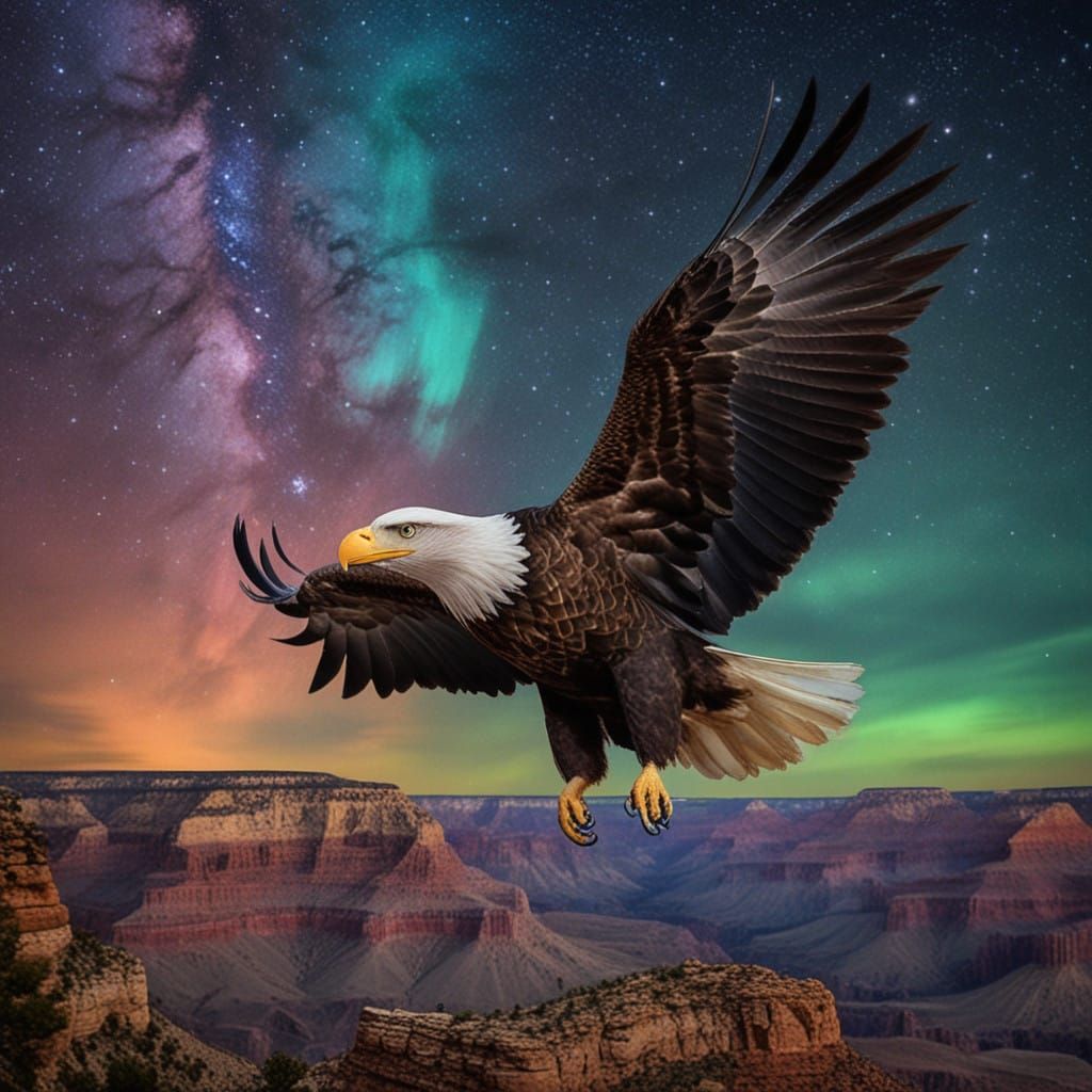 Majestic Eagle Soars Over Grand Canyon Under Aurora Borealis