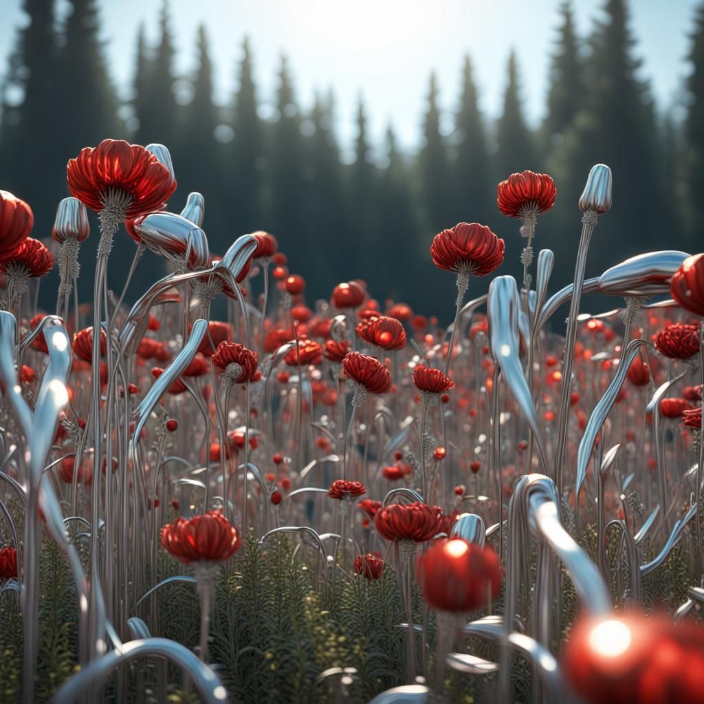 Metallic Poppies in a Futuristic Forest