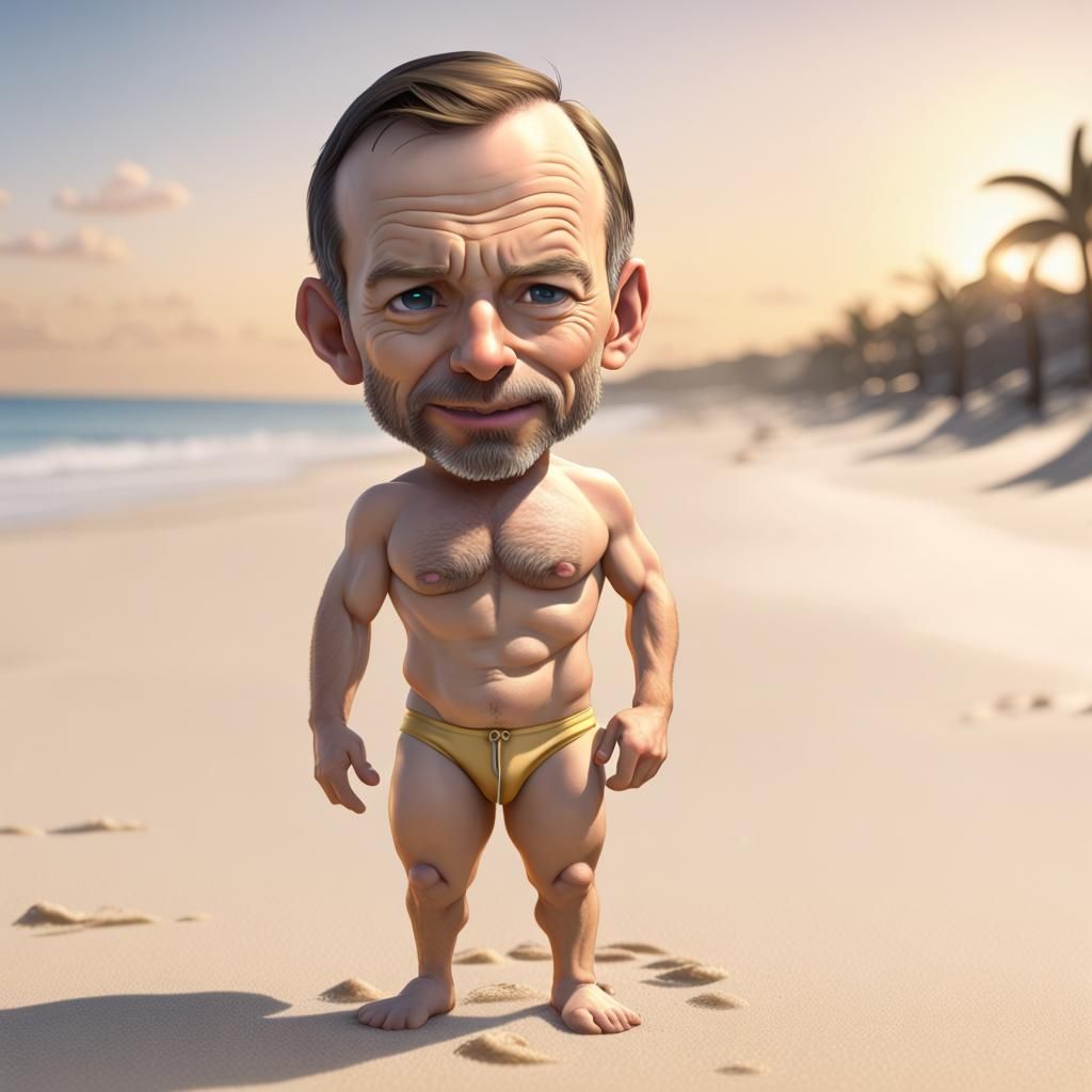 Chibi-Style Man in Speedos on Beach at Sunset