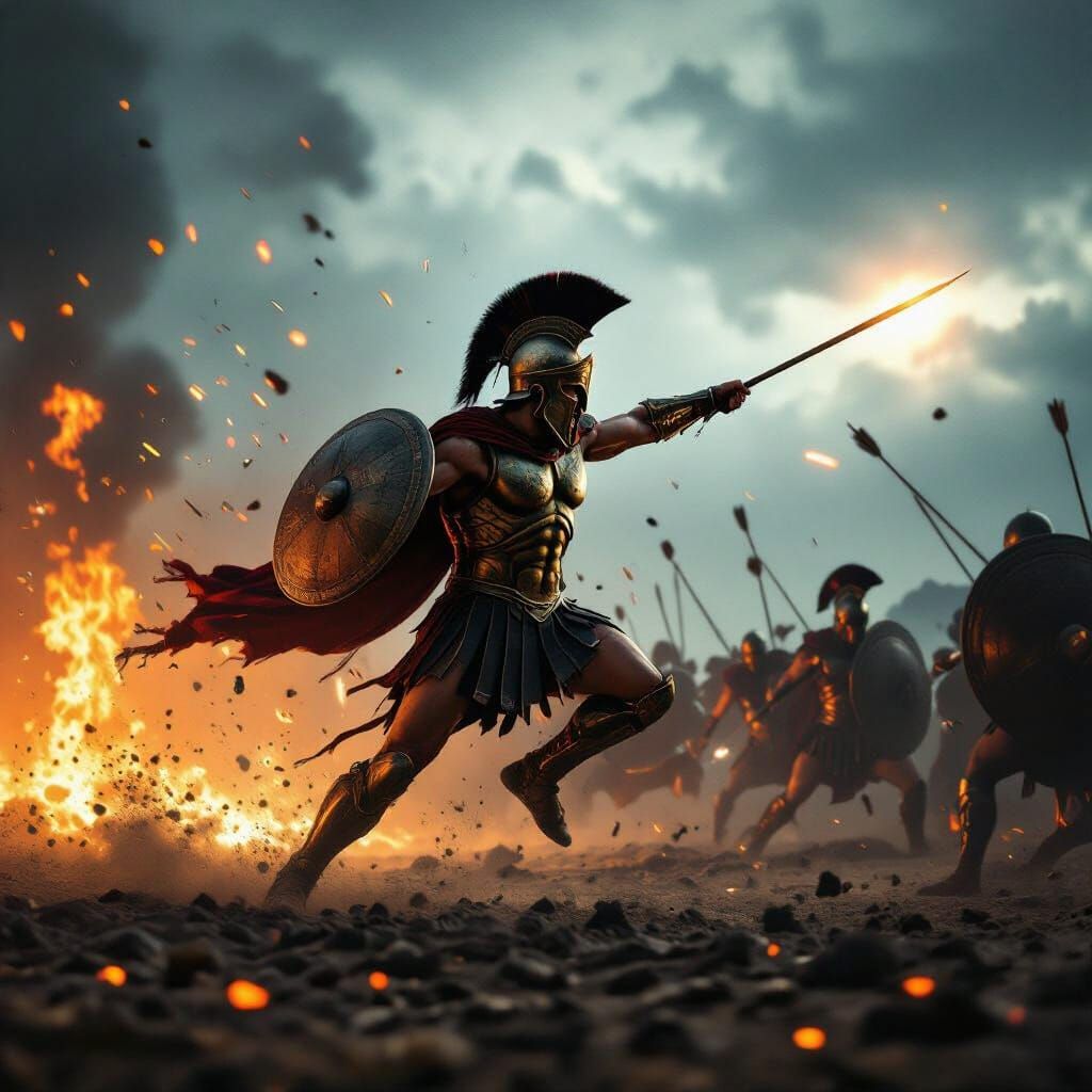 Spartan Hoplite Lunges Mid-Air in Fiery Storm Battle