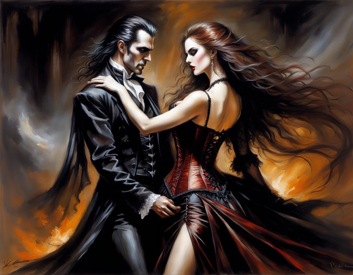 Vampire Couple Dancing in Gothic Oil Painting Style