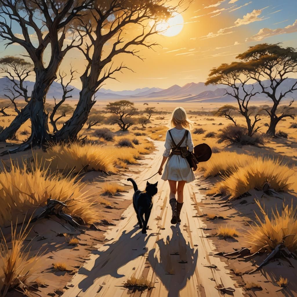 Girl and Cat in a Golden Savanna