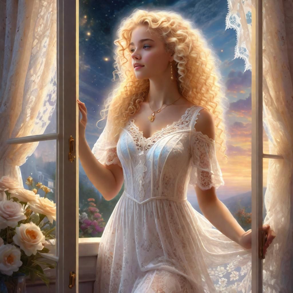 Blond Woman in Lace Dress with Flowers