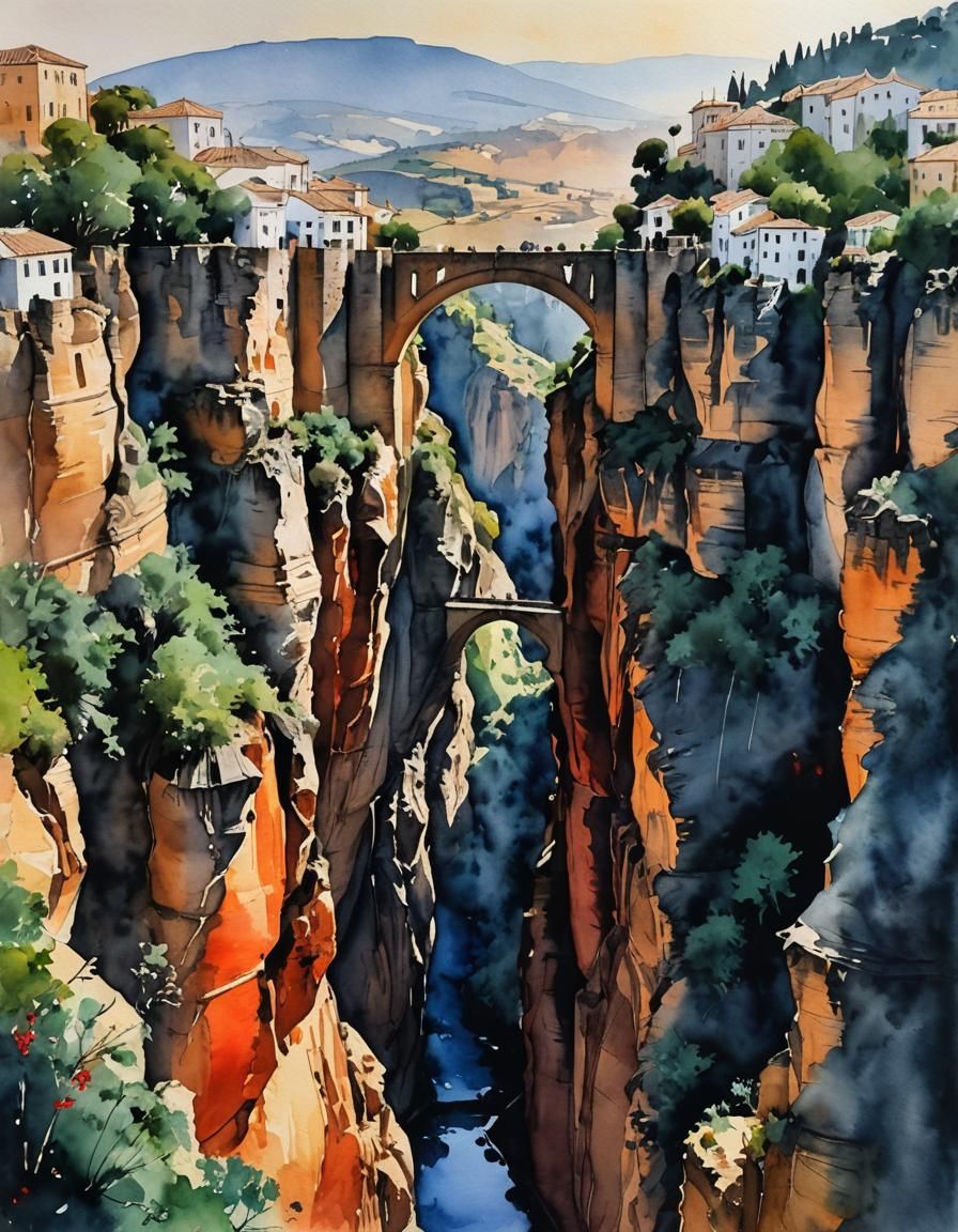 Ronda Bridge Watercolor Painting at Sunset