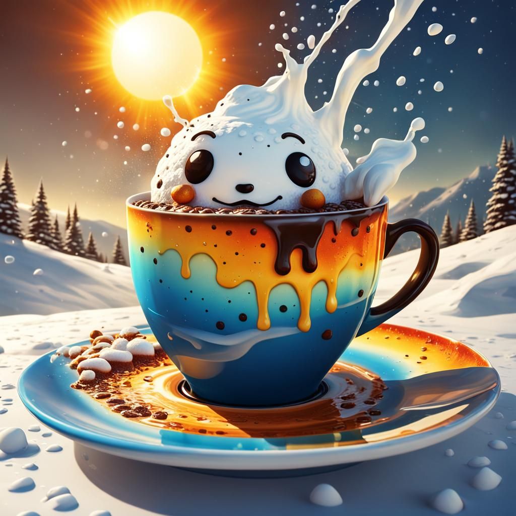 Snowman's Coffee Break: Hyperrealistic Art on Sun