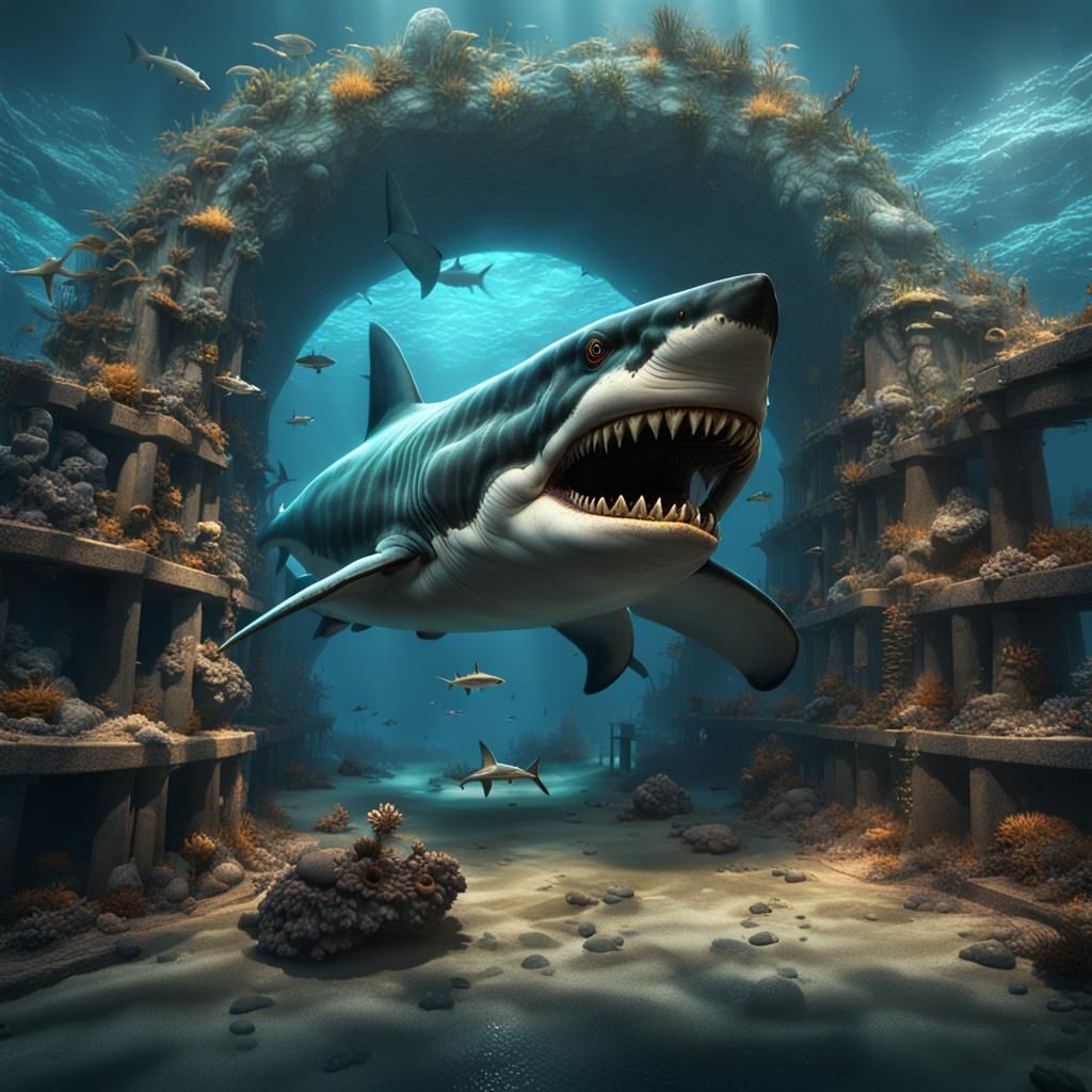 Megalodon Shark in Mariana Trench, Detailed Matte Painting