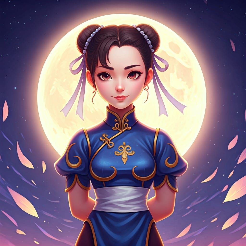 Chun-Li in Martial Arts Pose Under Moonlight