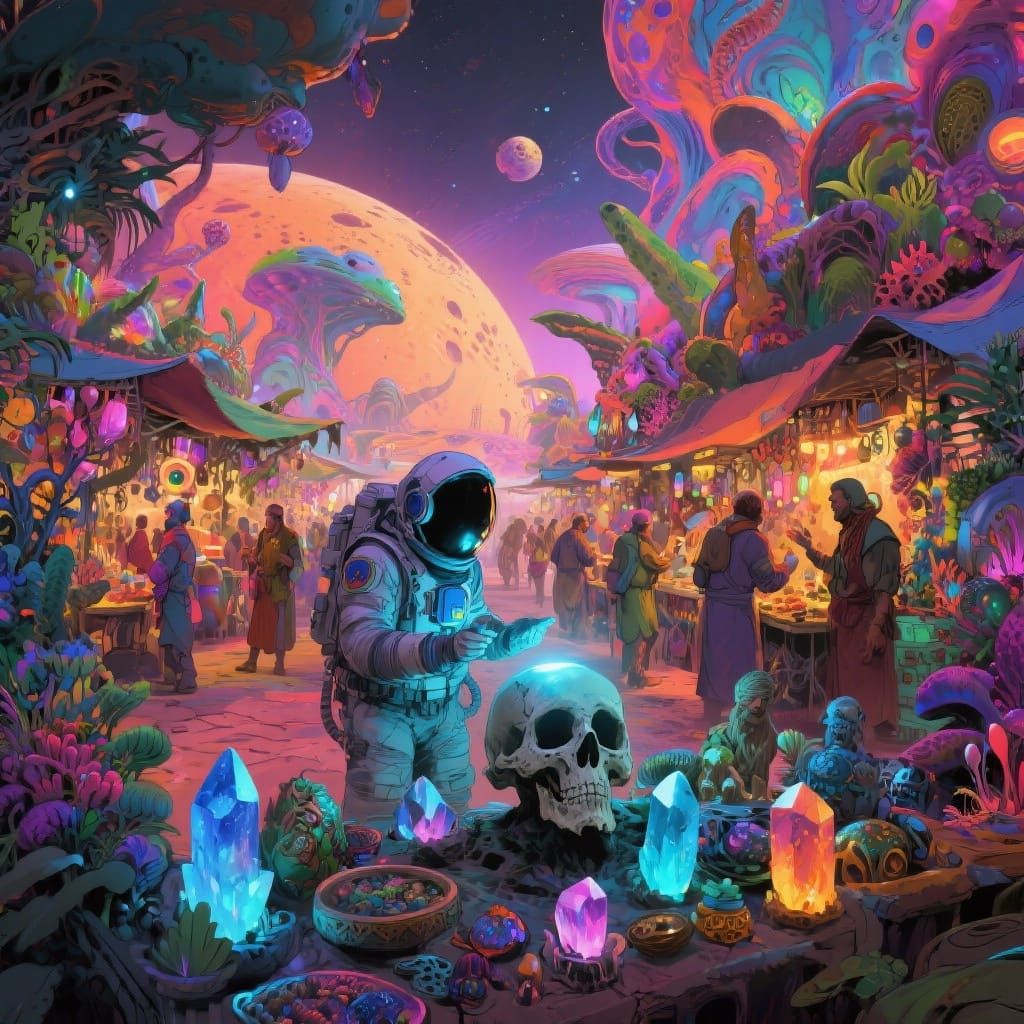 Alien Marketplace in Psychedelic Sci-Fi Style