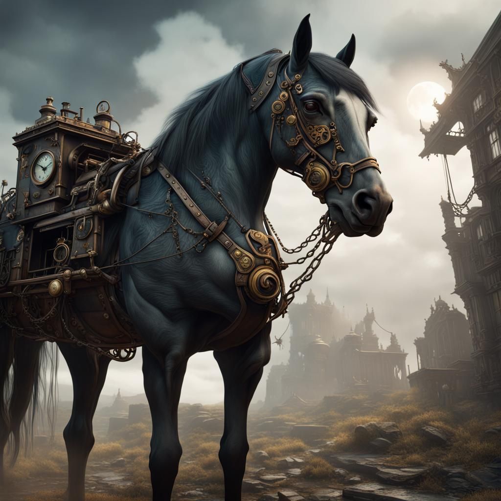 Steampunk Horse in Dark Fantasy Art Style