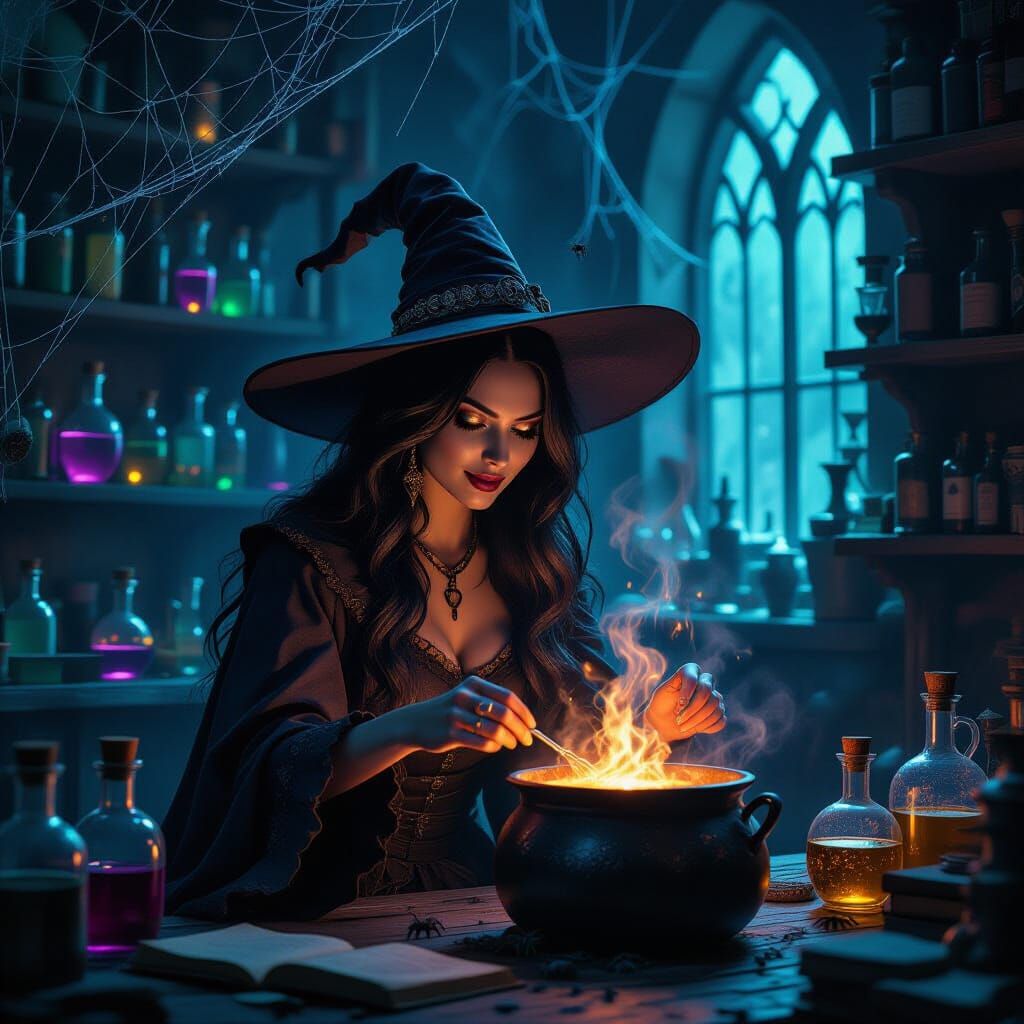 Gothic Witch Brews Magic in Cyberpunk Aesthetic