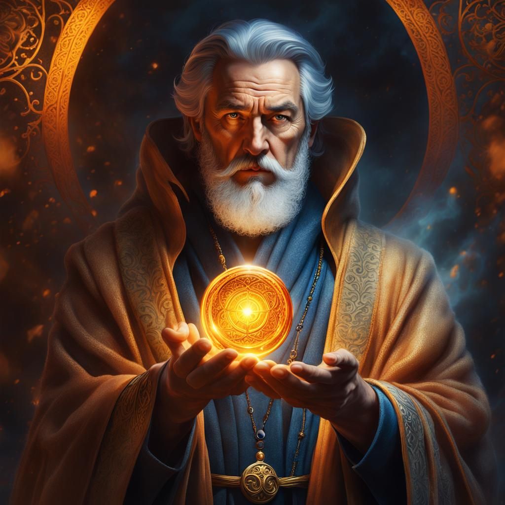 Gentle Magician with Glowing Amulet in Fantasy Art