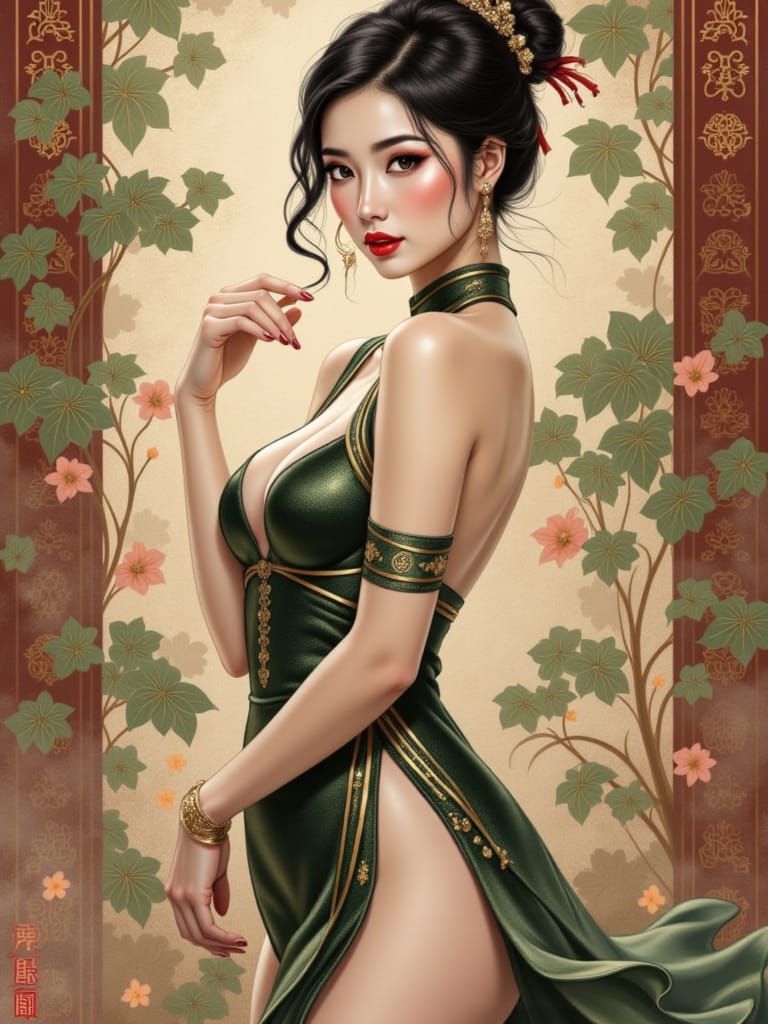 Korean Pin-Up Goddess in Enchanting Nighttime Scene