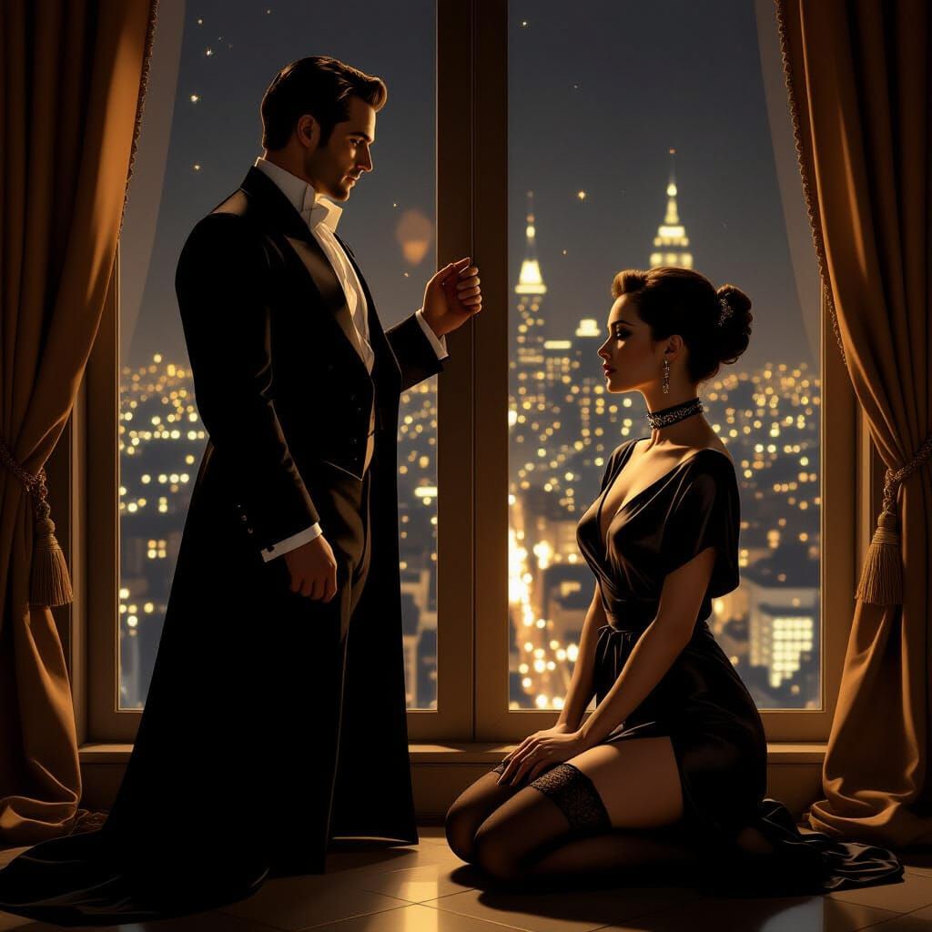Elegant Man Overlooking City, Woman Kneeling in Lamplight