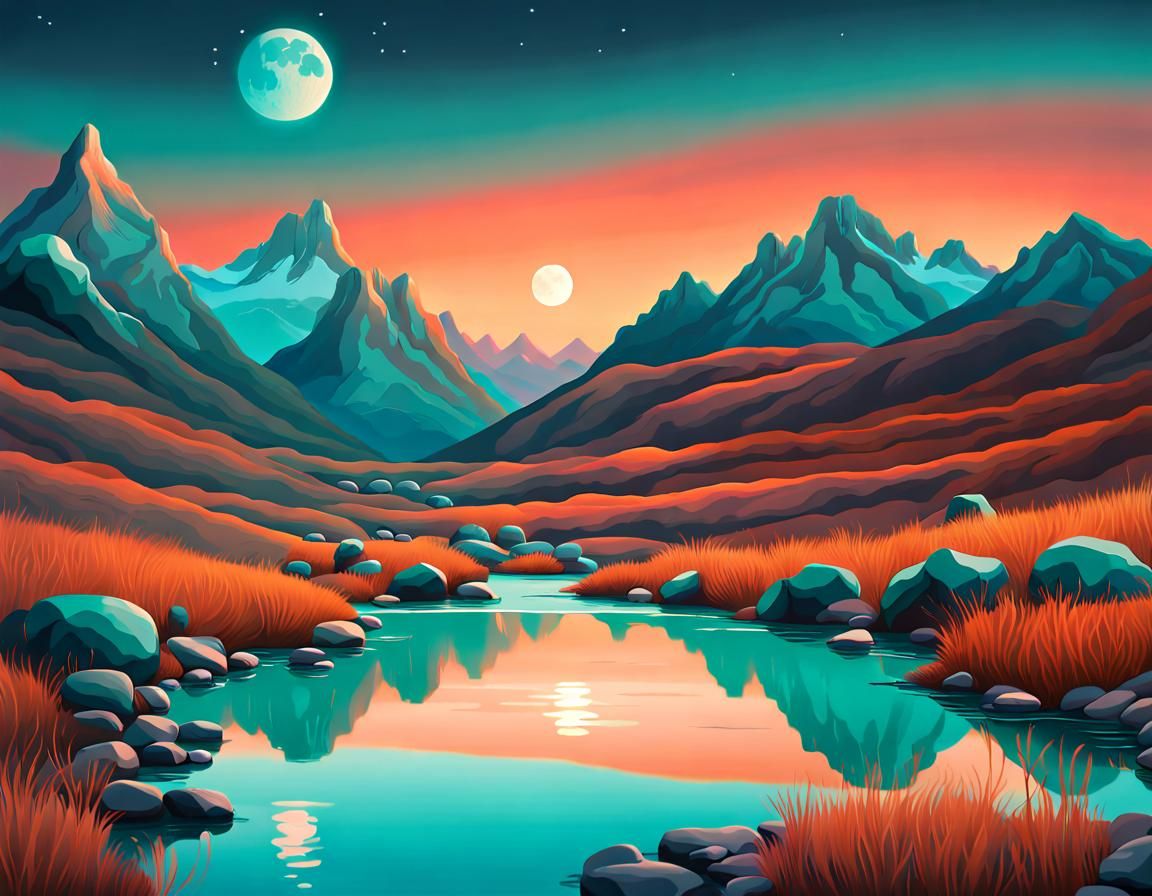 Twilight Mountain Landscape with Three Moons