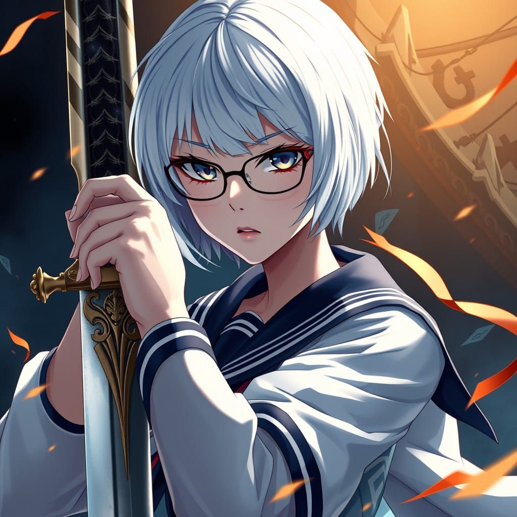 Serious Anime Girl Wields Blade in Sailor Uniform