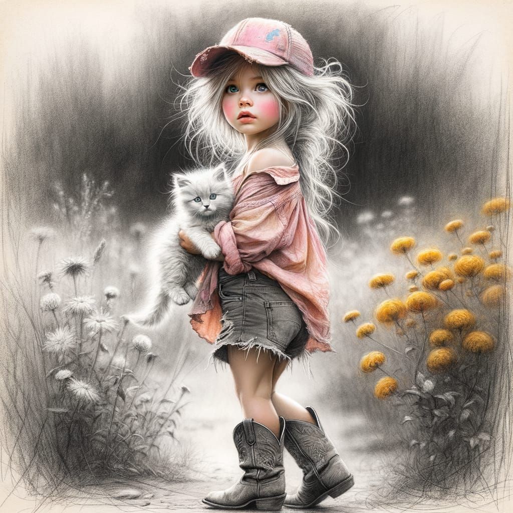 Hyperrealistic Graphite Sketch: Girl with Kitten