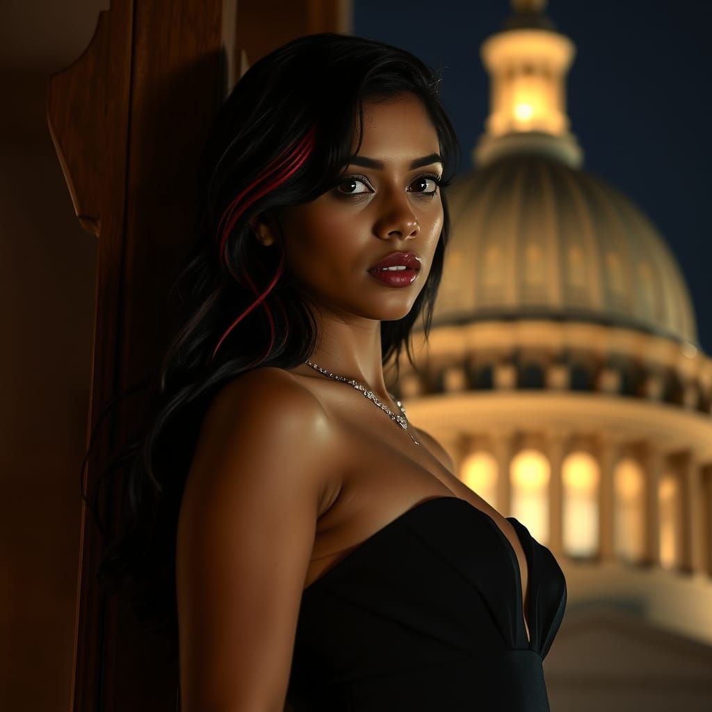 Latina Woman Under Illuminated Dome in Film Noir