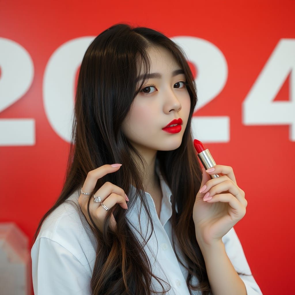 Korean Woman with Lipstick Against Red 2024 Backdrop