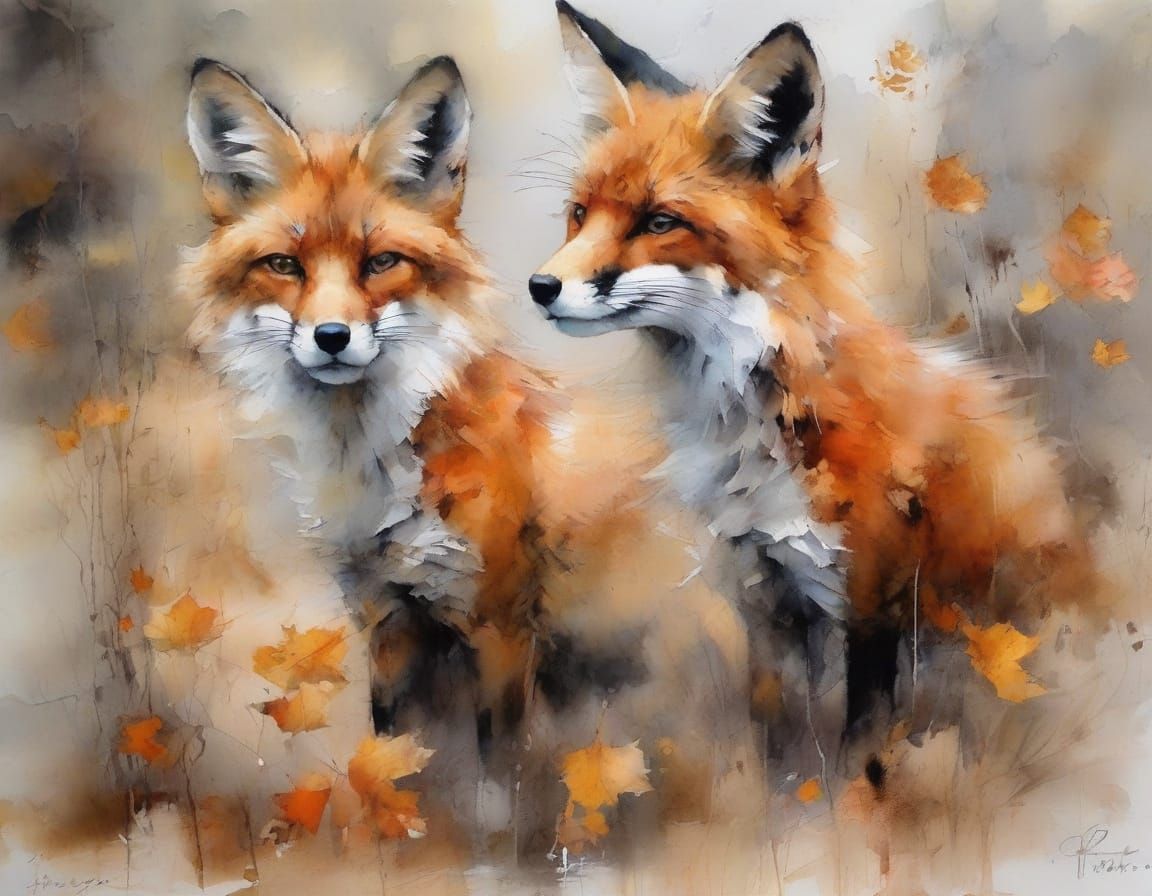 Two Foxes in Autumn Forest: Painterly Realism