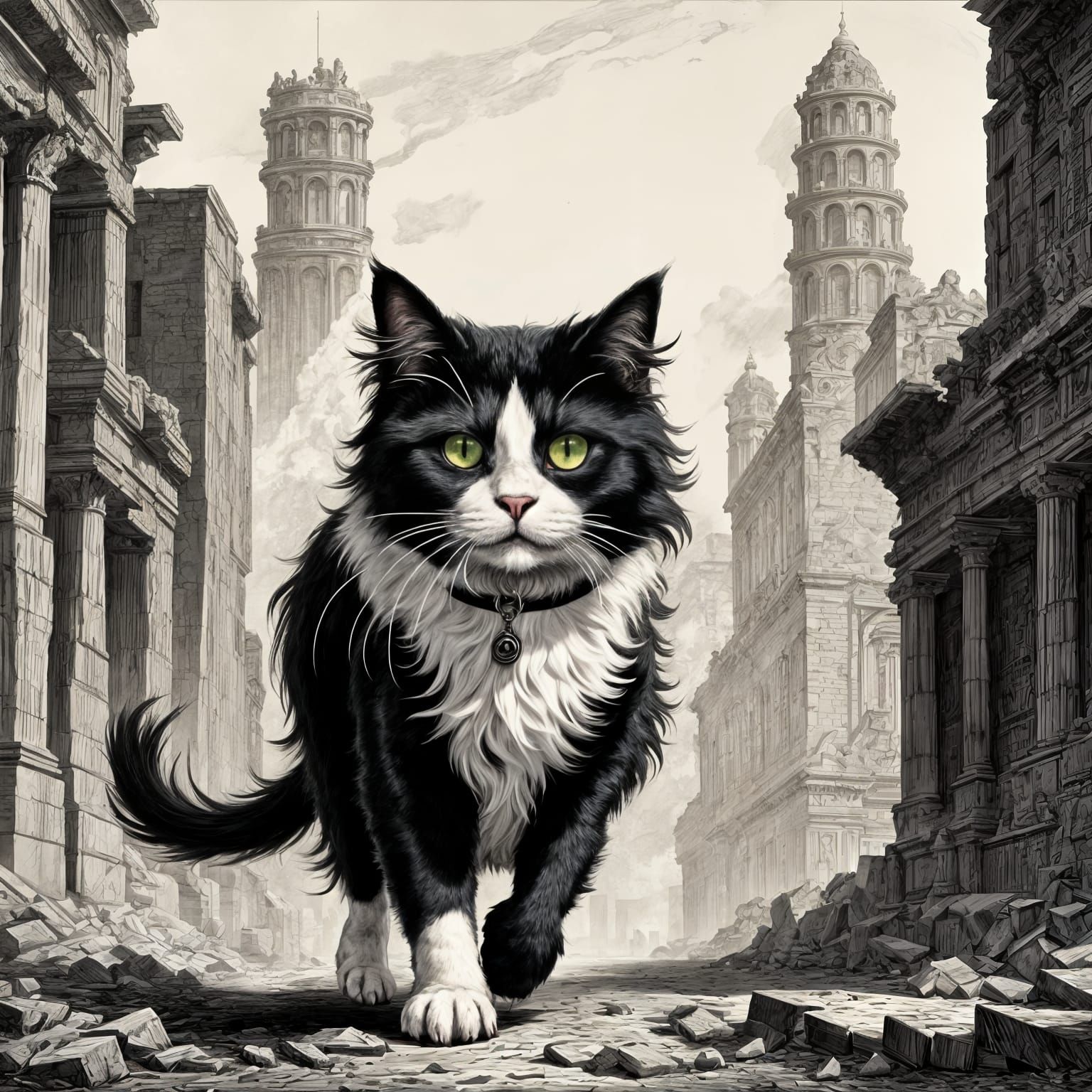 Tuxedo Cat in Ruined City, Piranesi Etching Style