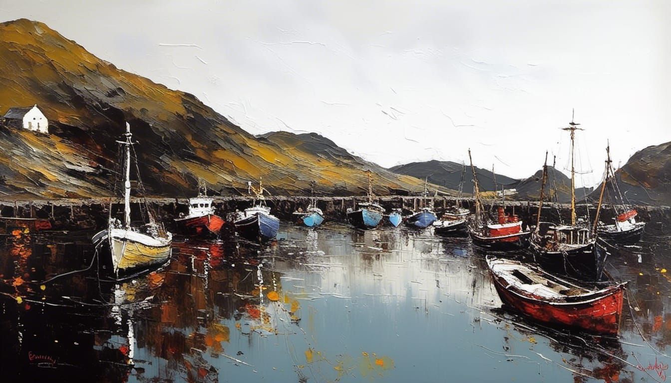 Fishing Port Oil Painting in Impasto Style