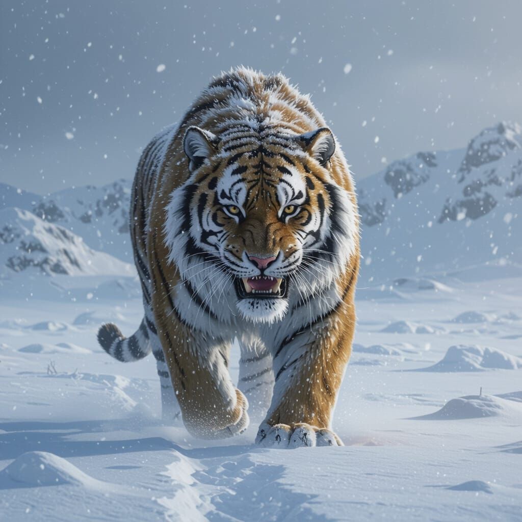 A majestic furry sabre tooth tiger trudges through a harsh, ...