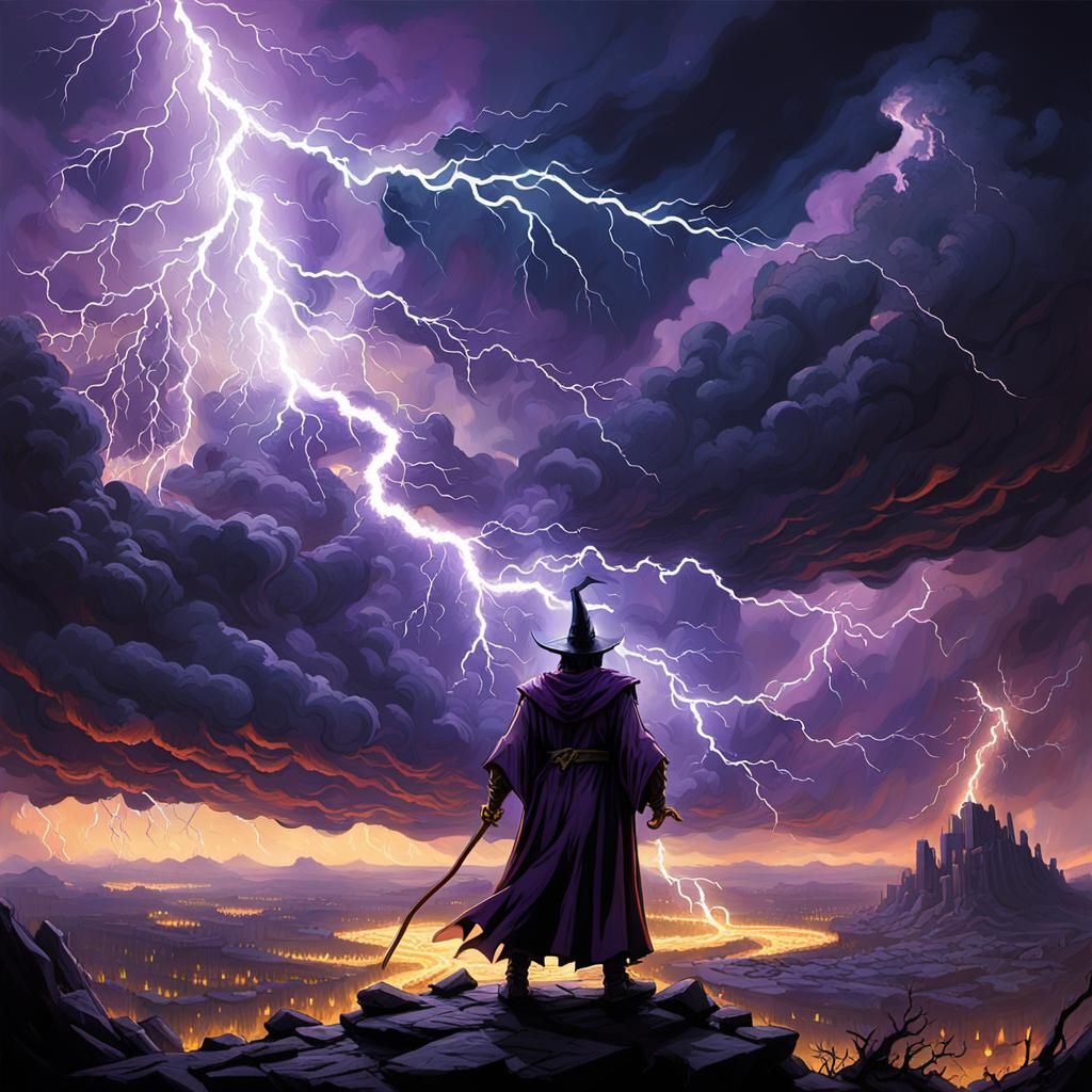 Wizard Summons Lightning in Dark Fantasy Art