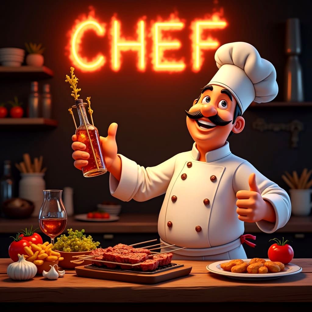 Vibrant Kitchen Scene with Grilled Skewers and Happy Chef