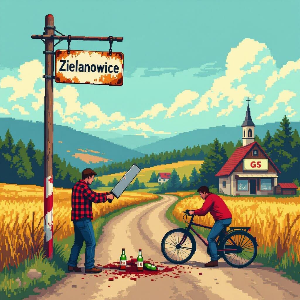 Polish Countryside Scene in Pixel-Art Style