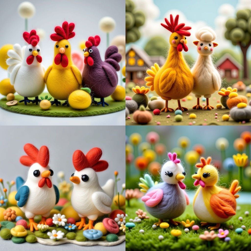 Needle Felt Chicken Friends in Farmyard Setting