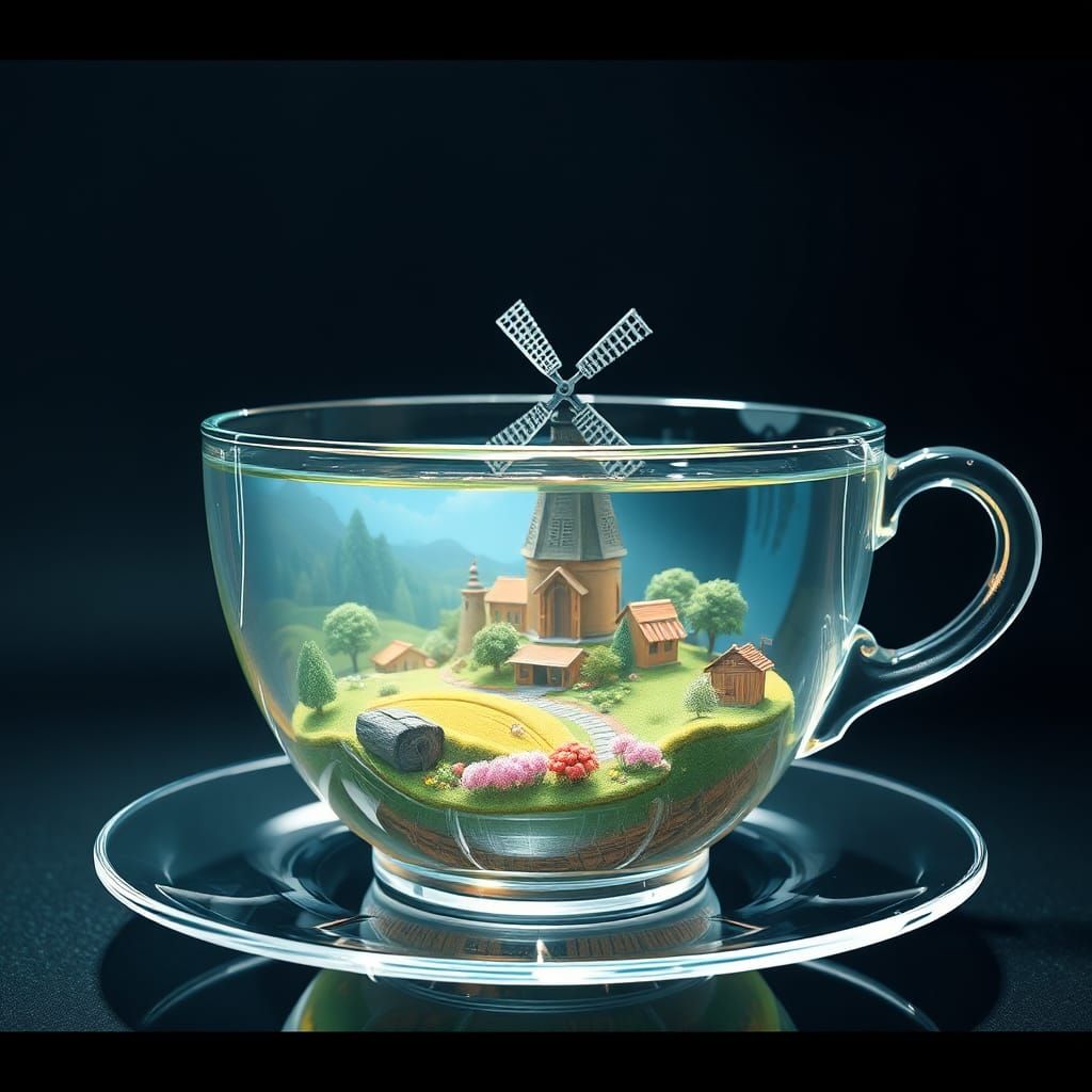 Miniature Farmland Village Inside Crystal Teacup