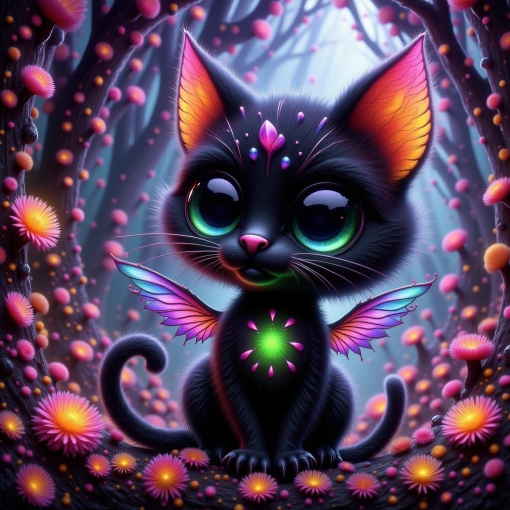 Whimsical Goth Cat in Vibrant Cutecore Style