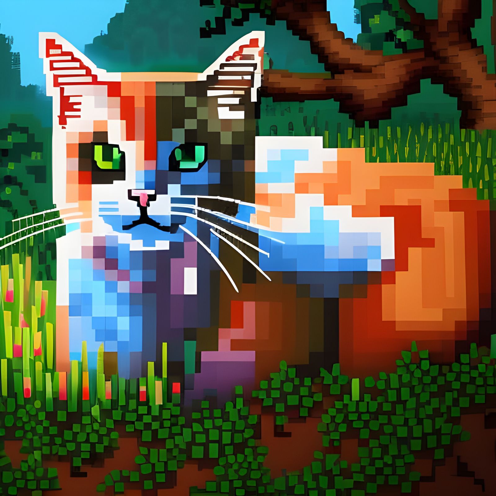 Pixel Art Cat in Nature, Minecraft Style