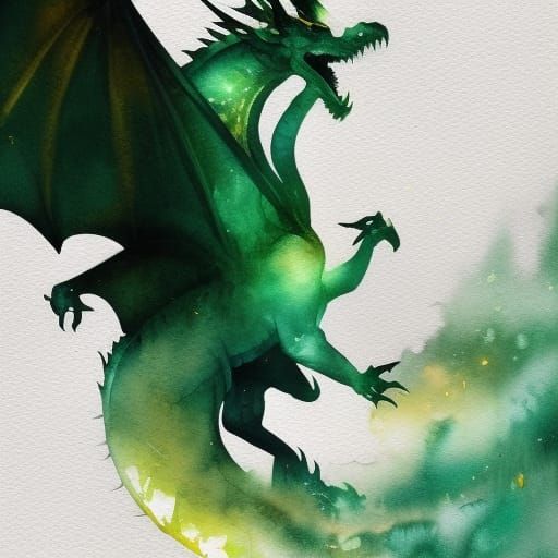 Dragon Silhouette with Watercolor and Gold Glitter