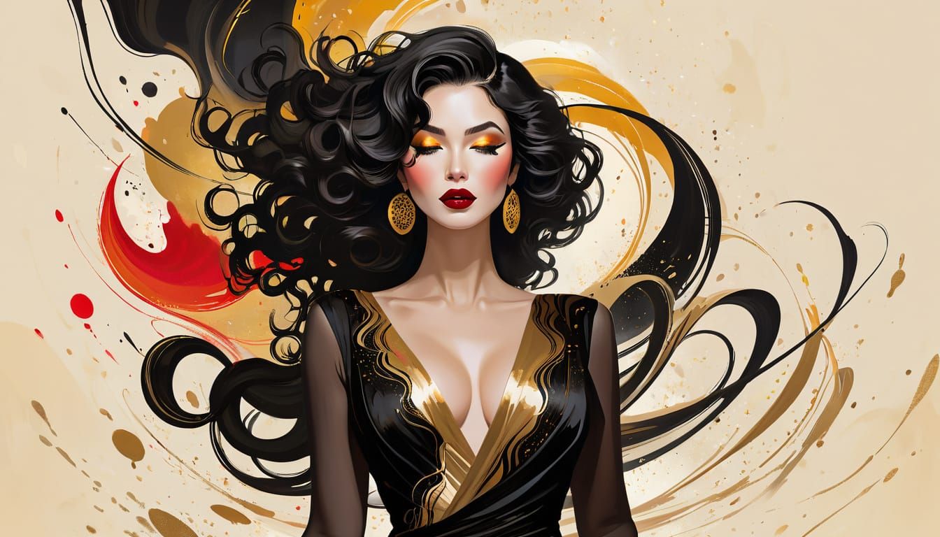 Dramatic Woman in Black and Gold Digital Art
