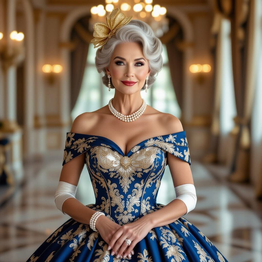 Elegant Elderly Woman in Blue and Gold Ball Gown