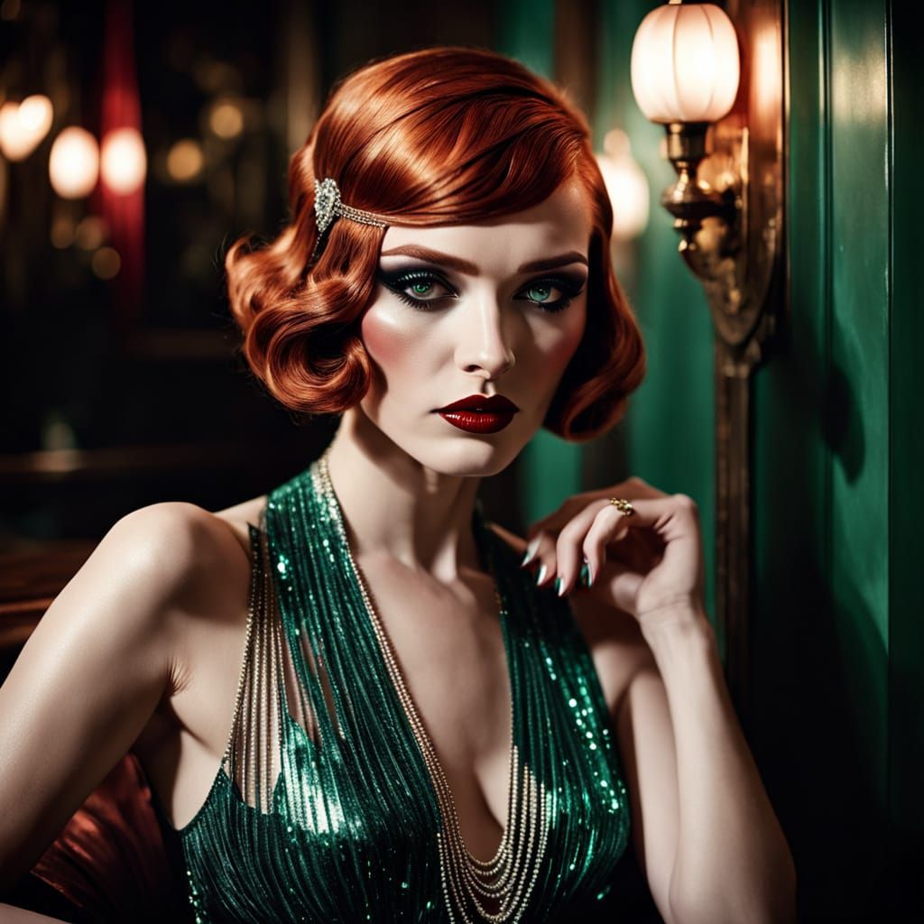 Mysterious Woman in Speakeasy: Fiery Red Hair, Emerald Eyes