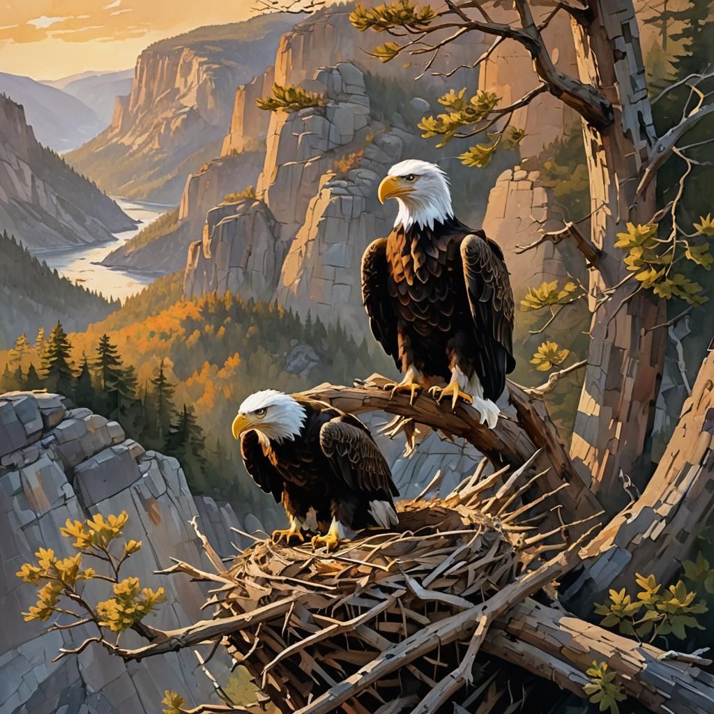 Bald Eagle Gouache Painting on Cliffside at Golden Hour