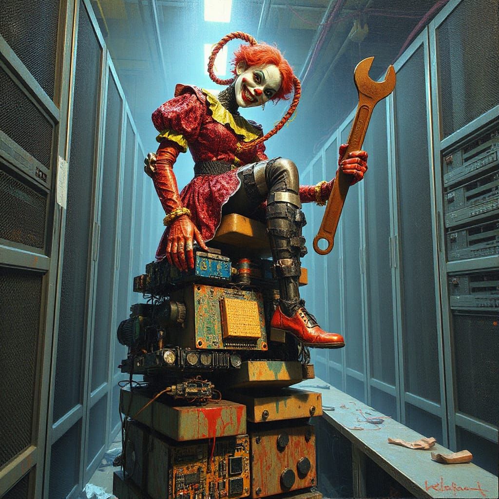 Clown Robot Woman in Abandoned Server Room, Graffiti Art