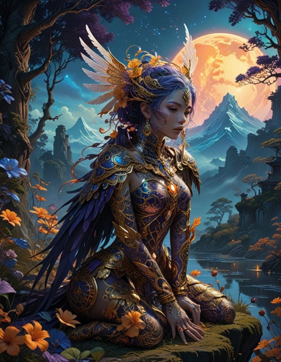 Elegant Fantasy Hybrid in Golden Pointillism Style